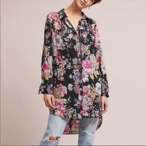 Anthropologie Maeve Floral Polka Dot Shimmer Button Up High Low Tunic Size XS